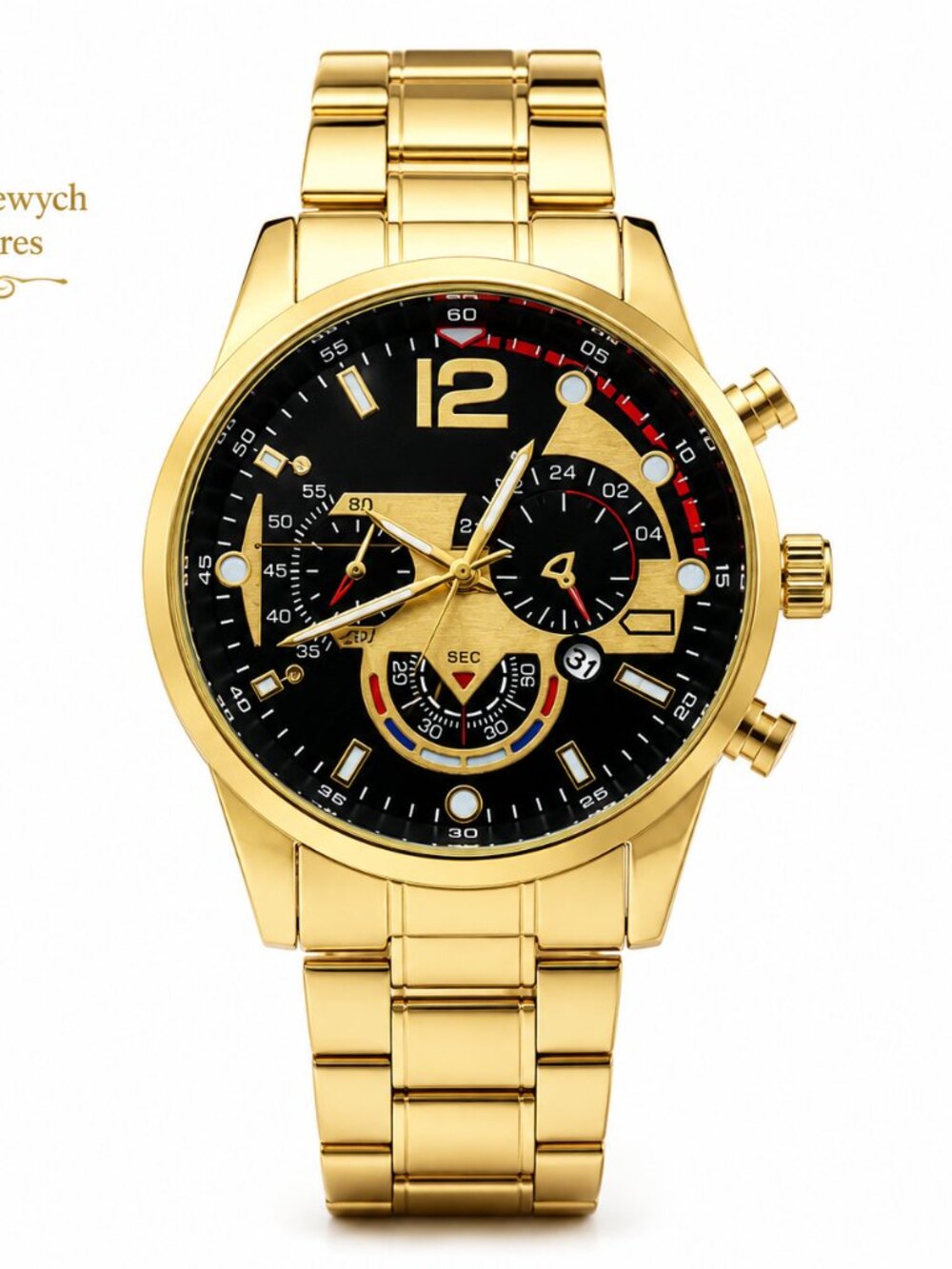 WA-07--Luxury Men's Gold Tone Quartz Watch Black Dial Stainless Steel Bracelet B